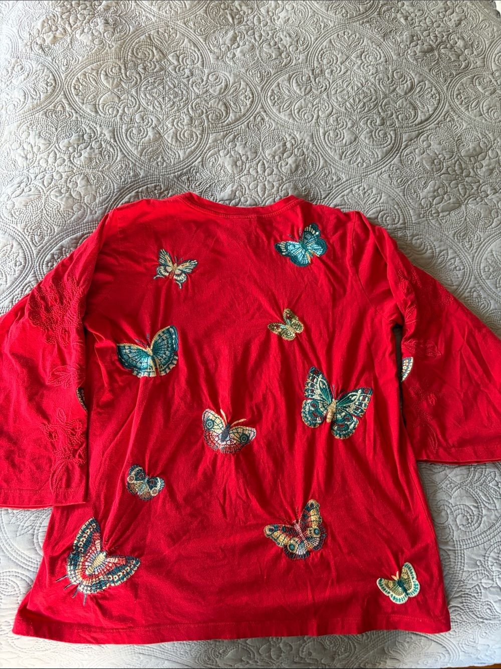 Johnny Was Red Tee with Multicolor Embroidery, size L - Picture 4 of 5